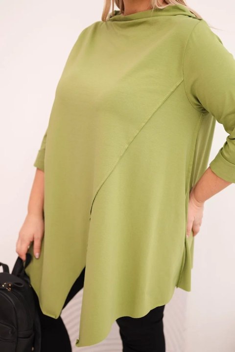 Bluzka damska bawełniana Plus Size asymetryczna z podwijanym rękawem oliwkowa