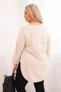 Bluzka damska bawełniana Plus Size z dekoltem V i podwijanym rękawem beżowa