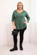 Bluzka damska bawełniana Plus Size z dekoltem V i podwijanym rękawem ciemne khaki