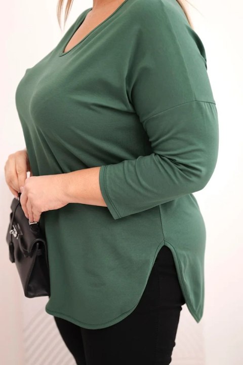 Bluzka damska bawełniana Plus Size z dekoltem V i podwijanym rękawem ciemne khaki