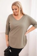 Bluzka damska bawełniana Plus Size z dekoltem V i podwijanym rękawem khaki