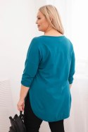 Bluzka damska bawełniana Plus Size z dekoltem V i podwijanym rękawem morska