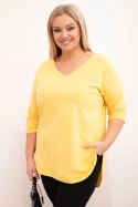 Bluzka damska bawełniana Plus Size z dekoltem V i podwijanym rękawem żółta