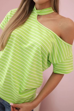 Bluzka damska bawełniana w paski na jedno ramię z chokerem zielona