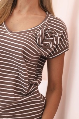 Bluzka damska bawełniana w paski z dekoltem V brązowa