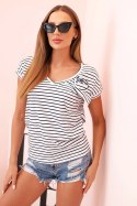 Bluzka damska bawełniana w paski z dekoltem V granatowy + biały
