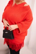 Komplet damski sweter z dekoltem V i bluzka wiskozowa z koronkowym dołem czerwony