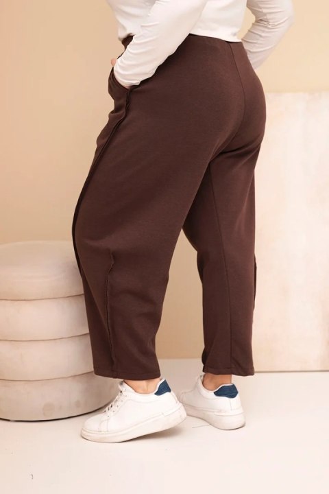 Spodnie damskie bawełniane Plus Size o luźnym kroju z wysokim stanem brązowe