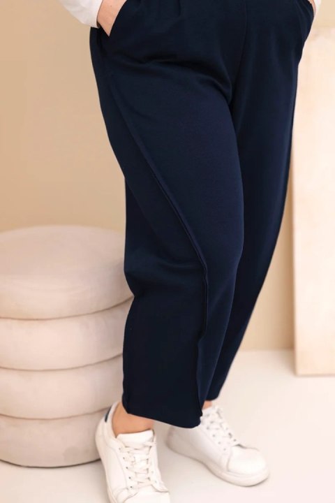 Spodnie damskie bawełniane Plus Size o luźnym kroju z wysokim stanem granatowe
