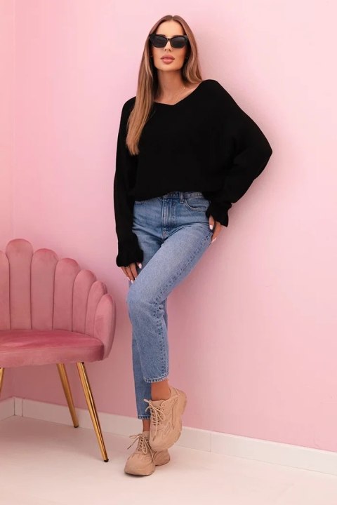 Sweter damska z moheru z marszczonymi rękawami i wycięciem na plecach czarny