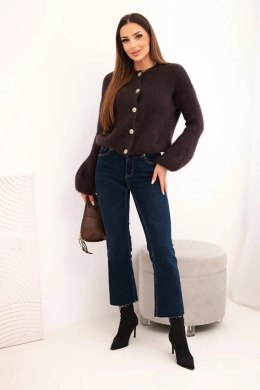 Sweter damski z moherem zapinany na guziki z bufiastym rękawem brązowy