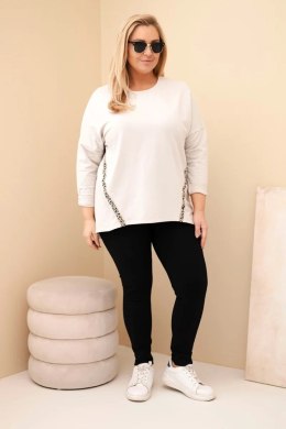 Bluzka damska Plus Size bawełniana z podwijanym rękawem i lampasem w panterkę beżowa