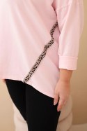Bluzka damska Plus Size bawełniana z podwijanym rękawem i lampasem w panterkę cukierkowy róż
