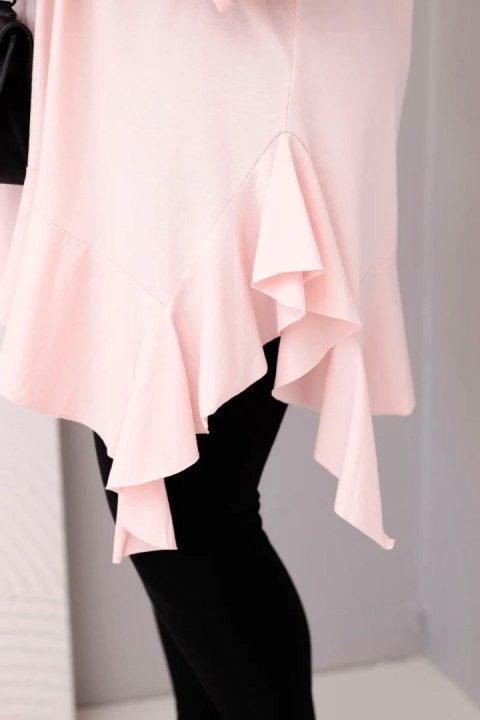 Bluzka damska Plus Size z bawełną z falbaną i rękawem podwijanym pudrowy róż