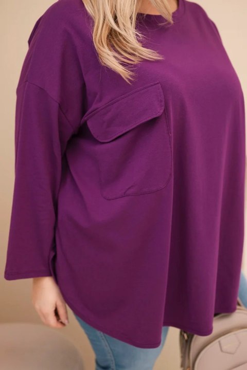 Bluzka damska Plus Size z bawełną z kieszenią i rękawem podwijanym ciemno fioletowa