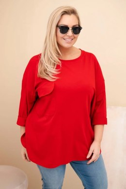 Bluzka damska Plus Size z bawełną z kieszenią i rękawem podwijanym czerwona