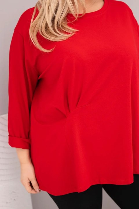 Bluzka damska plus size z bawełną z długim rękawem i marszczeniem czerwona