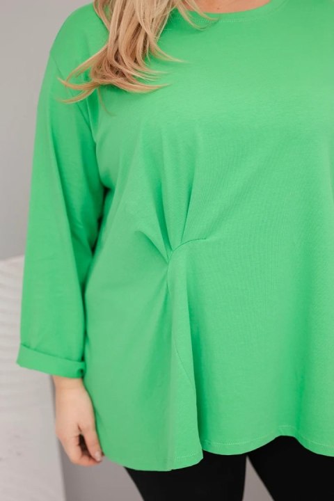 Bluzka damska plus size z bawełną z długim rękawem i marszczeniem jasno zielona