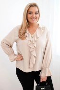 Bluzka damska wiskozowa Plus Size z falbaną i ozdobną broszką beżowy