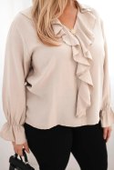 Bluzka damska wiskozowa Plus Size z falbaną i ozdobną broszką beżowy