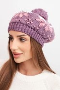 Czapka damska zimowa wełniana z motywem śnieżynek i pomponem K457 jasno fioletowa