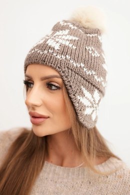 Czapka damska zimowa wełniana z motywem śnieżynki i pomponem K450 mocca