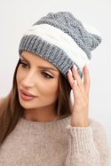 Czapka damska zimowa wełniana z ozdobnym splotem K446 ecru + szara