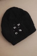 Czapka damska zimowa wełniana z ozdobnymi aplikacjami K468 czarna