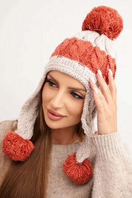 Czapka damska zimowa wełniana z pomponami i nausznikiem K447 beżowa + ruda