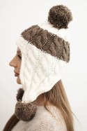 Czapka damska zimowa wełniana z pomponami i nausznikiem K447 ecru + mocca