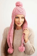 Czapka damska zimowa wełniana z pomponami i przedłużanymi bokami K448 różowa