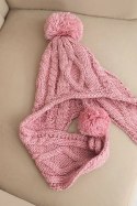 Czapka damska zimowa wełniana z pomponami i przedłużanymi bokami K448 różowa