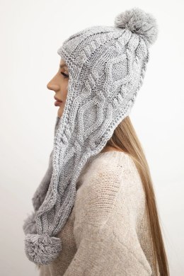 Czapka damska zimowa wełniana z pomponami i przedłużanymi bokami K448 szara