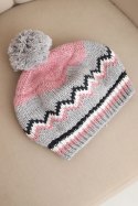 Czapka damska zimowa wełniana z pomponem i kolorowym wzorem K435 różowa + szara