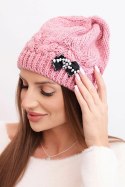 Czapka damska zimowa z ozdobną kokardką i splotem warkoczowym K438 różowa