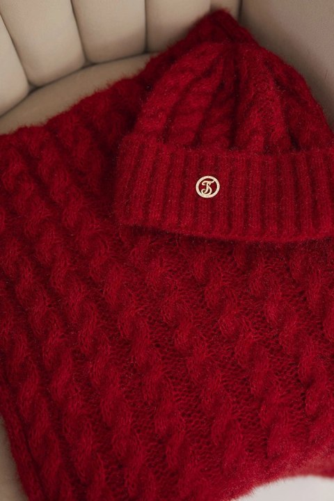 Komplet damski czapka i szalik prążkowany z ozdobą czerwony