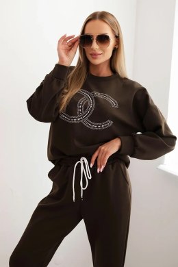 Komplet damski z wiskozy z ozdobnym motywem i spodniami brązowy