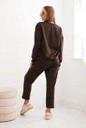 Komplet damski z wiskozy z ozdobnym motywem i spodniami brązowy