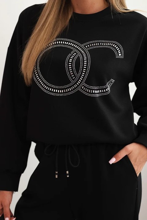 Komplet damski z wiskozy z ozdobnym motywem i spodniami czarna