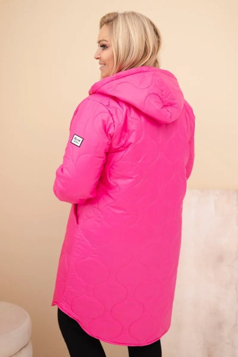 Kurtka damska Plus Size zimowa pikowana z kapturem różowy neon