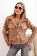 Kurtka damska z wełną o puszystej strukturze i ozdobnymi guzikami camelowa