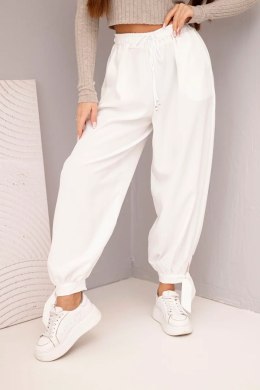 Spodnie damskie z szeroką nogawką i wiązaniem u dołu białe