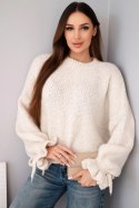 Sweter damski z dodatkiem moheru z grubym splotem i ozdobnymi rękawami beżowy