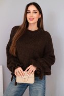 Sweter damski z dodatkiem moheru z grubym splotem i ozdobnymi rękawami brązowy