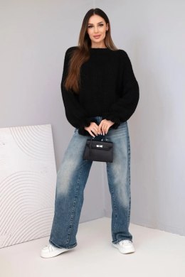 Sweter damski z dodatkiem moheru z grubym splotem i ozdobnymi rękawami czarny