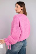 Sweter damski z dodatkiem moheru z grubym splotem i ozdobnymi rękawami różowy