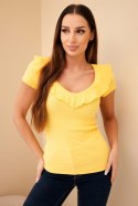 Bluzka damska prążkowana z falbanką przy dekolcie żółta