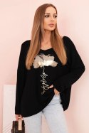 Bluzka damska z wiskozy z długim rękawem i złotym kwiatowym nadrukiem czarna