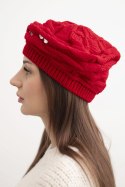 Czapka damska zimowa z ozdobnym splotem i kryształkami K398 czerwona