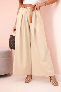 Spodnie z paskiem i szeroką nogawką jasno beżowe
